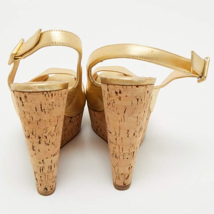 Pre Owned Christian Louboutin Gold Leather Cork Wedge Sandals Size 38