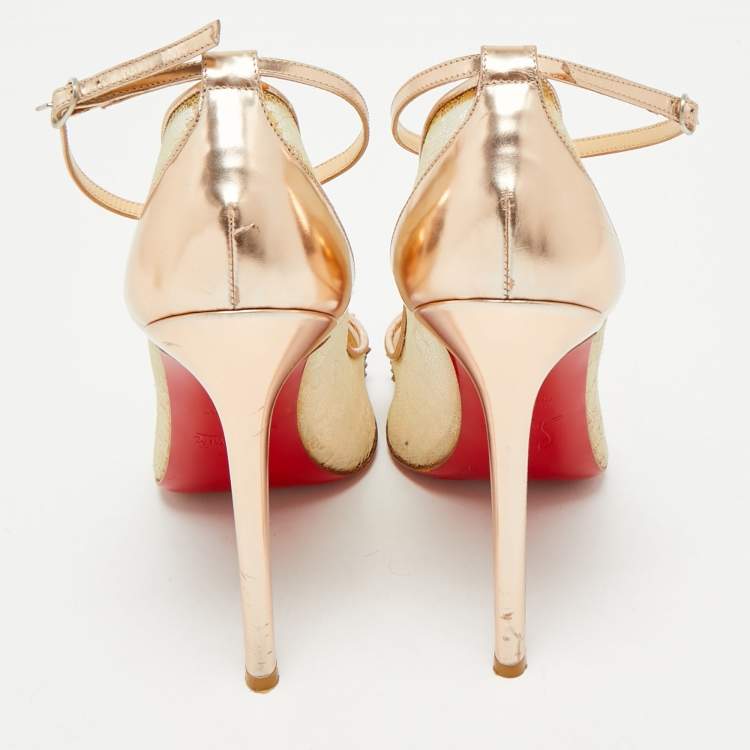 Pre Owned Christian Louboutin Rose Gold  Lace and Leather Spike Decollete Pumps Size 38