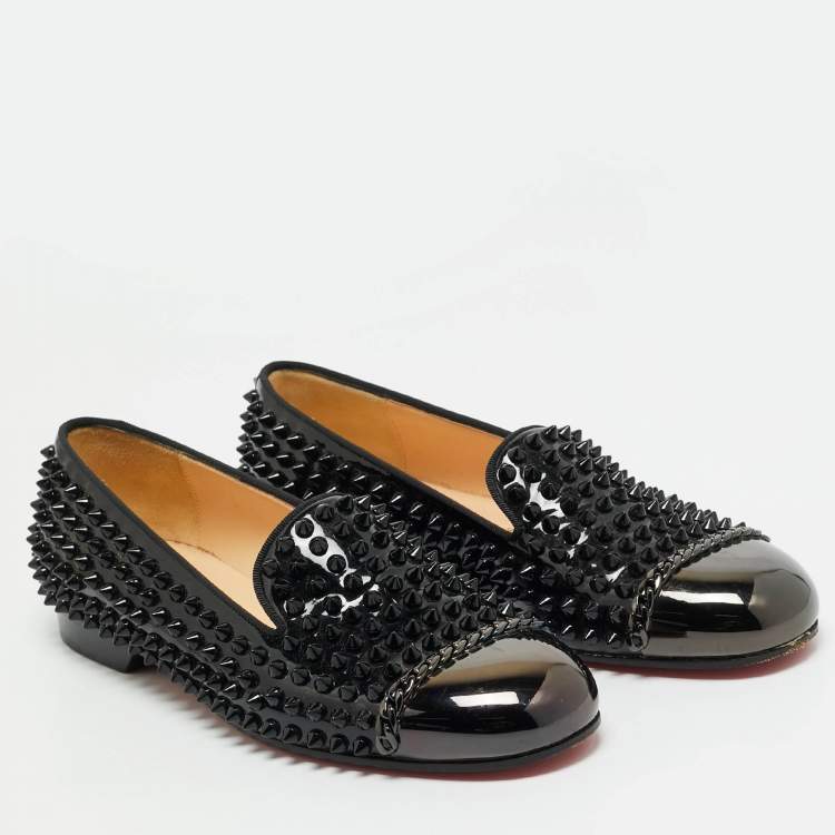 Pre Owned Christian Louboutin Black Patent Leather Glitz Spikes Smoking Slippers Size 38