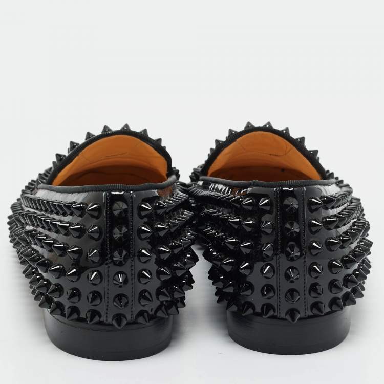 Pre Owned Christian Louboutin Black Patent Leather Glitz Spikes Smoking Slippers Size 38