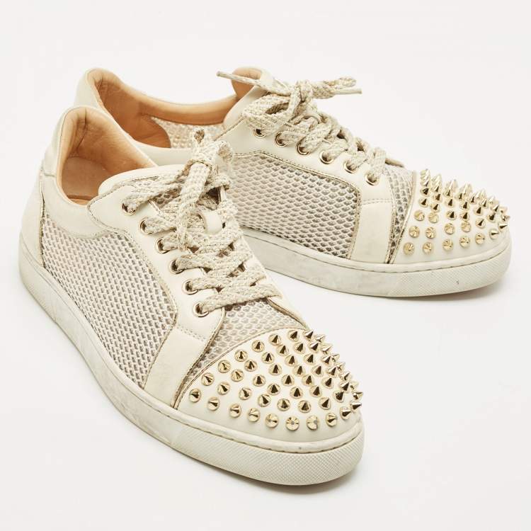 Pre Owned Christian Louboutin Cream Leather and Mesh Vieira Lace Up Sneakers Size 40