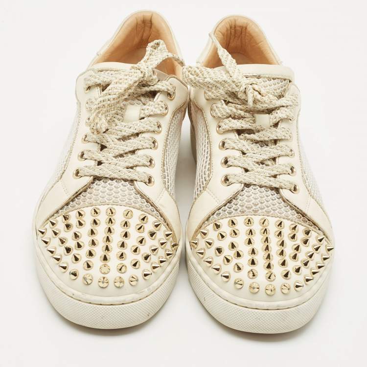 Pre Owned Christian Louboutin Cream Leather and Mesh Vieira Lace Up Sneakers Size 40