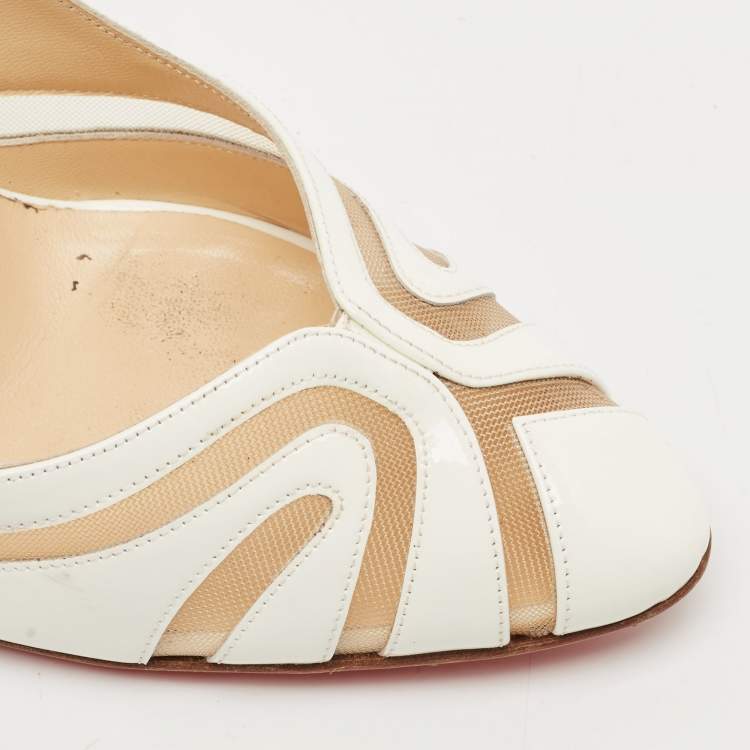 Pre Owned Christian Louboutin White Patent Leather and Mesh Olive 100 Pumps Size 40