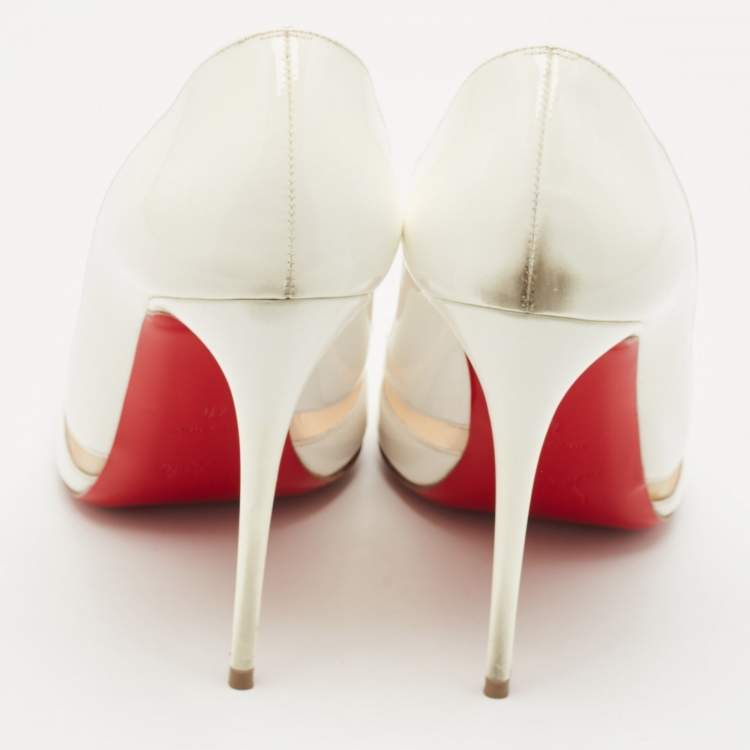 Pre Owned Christian Louboutin White Patent Leather and Mesh Olive 100 Pumps Size 40