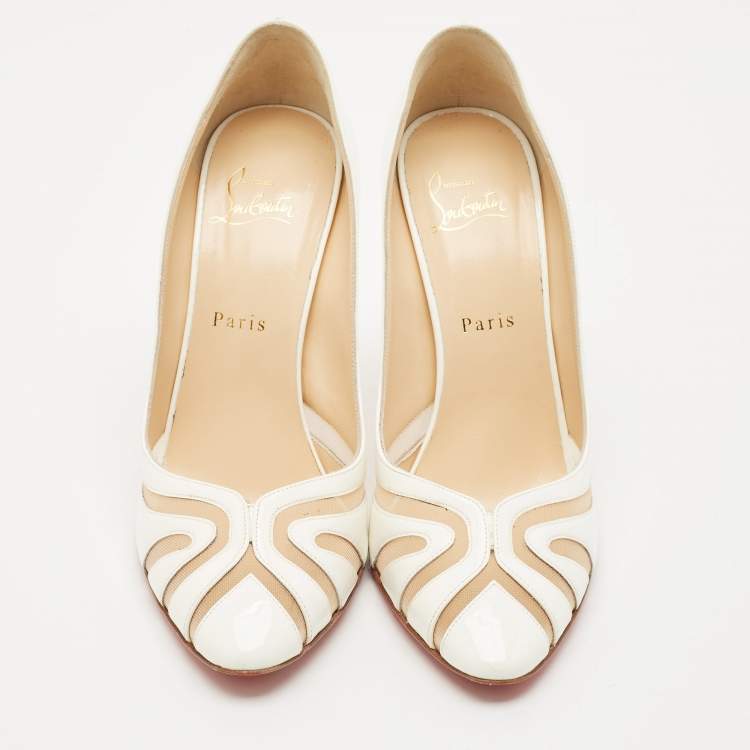 Pre Owned Christian Louboutin White Patent Leather and Mesh Olive 100 Pumps Size 40