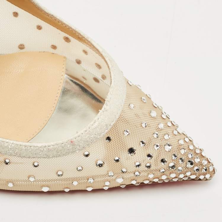 Pre Owned Christian Louboutin Silver Lurex Fabric and Mesh Twistissima Strass Sandals Size 40