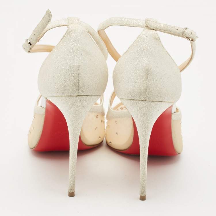 Pre Owned Christian Louboutin Silver Lurex Fabric and Mesh Twistissima Strass Sandals Size 40