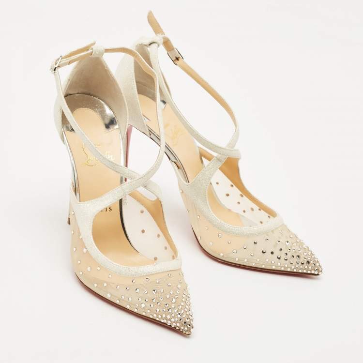 Pre Owned Christian Louboutin Silver Lurex Fabric and Mesh Twistissima Strass Sandals Size 40