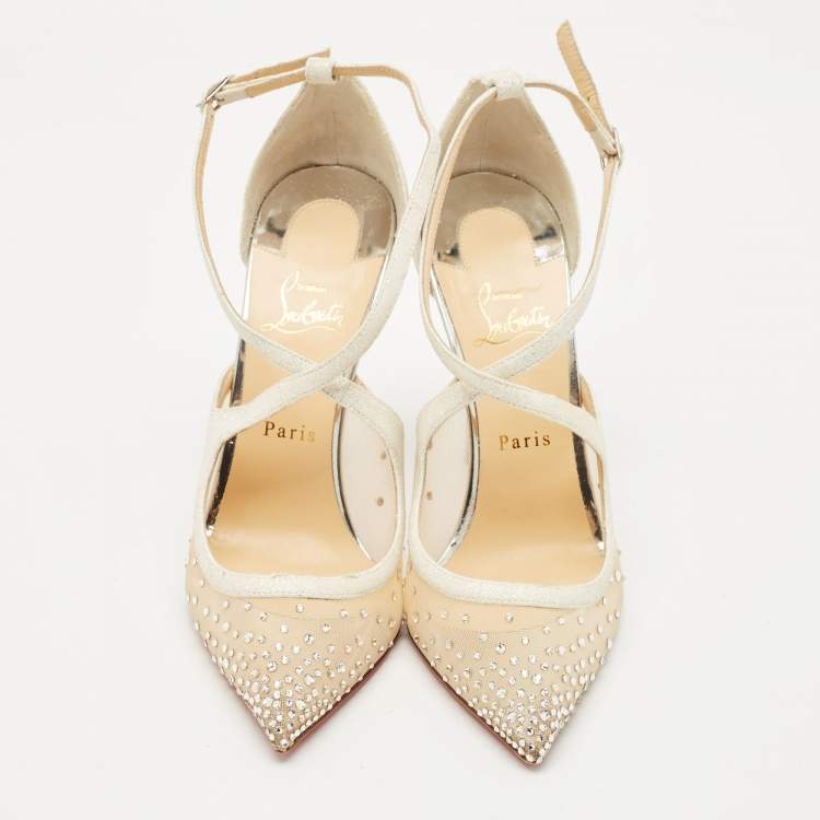 Pre Owned Christian Louboutin Silver Lurex Fabric and Mesh Twistissima Strass Sandals Size 40