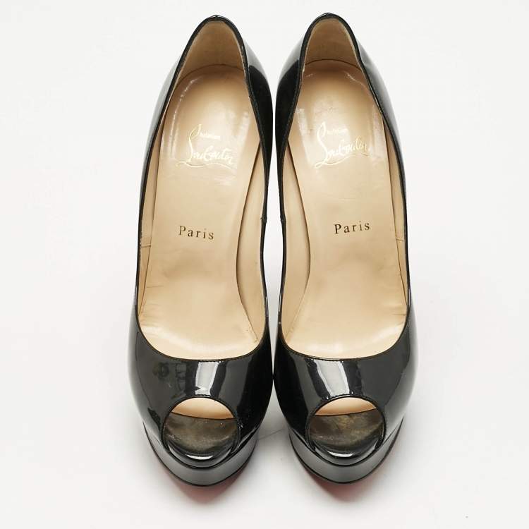 Pre Owned Christian Louboutin Black Patent Leather Lady Peep Platform Pumps Size 40.5
