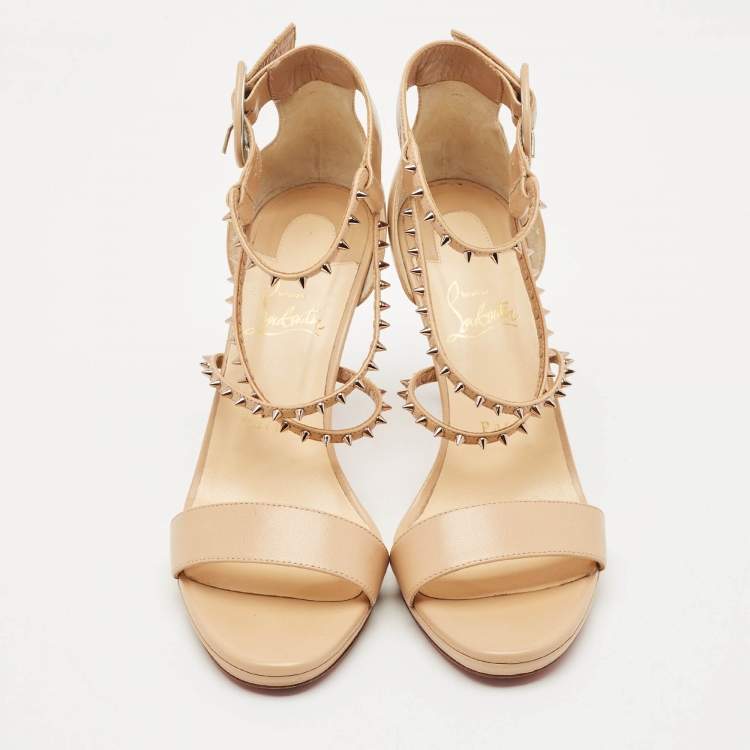 Pre Owned Christian Louboutin Beige Leather Spike Choca Lux Sandals Size 39.5