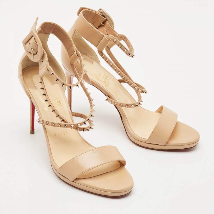 Pre Owned Christian Louboutin Beige Leather Spike Choca Lux Sandals Size 39.5
