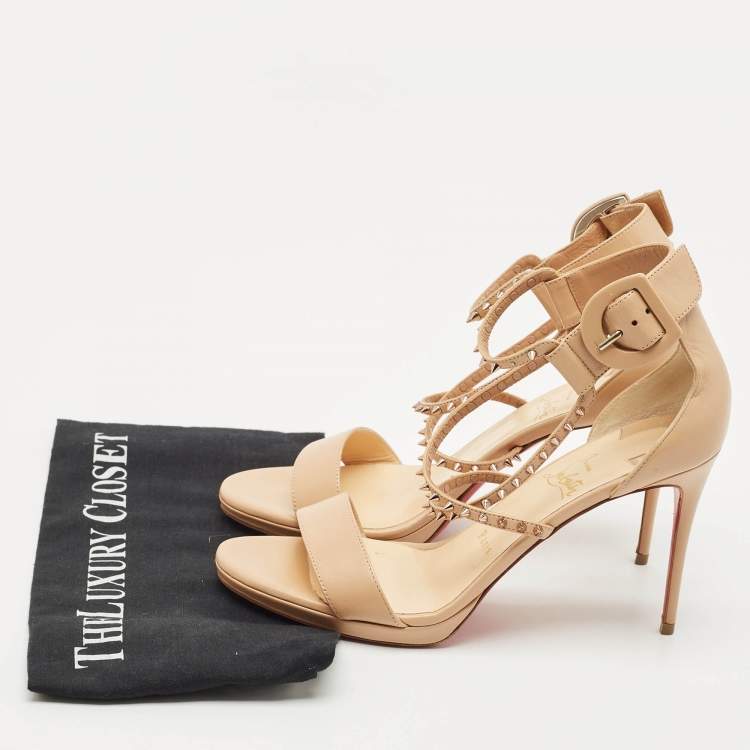 Pre Owned Christian Louboutin Beige Leather Spike Choca Lux Sandals Size 39.5
