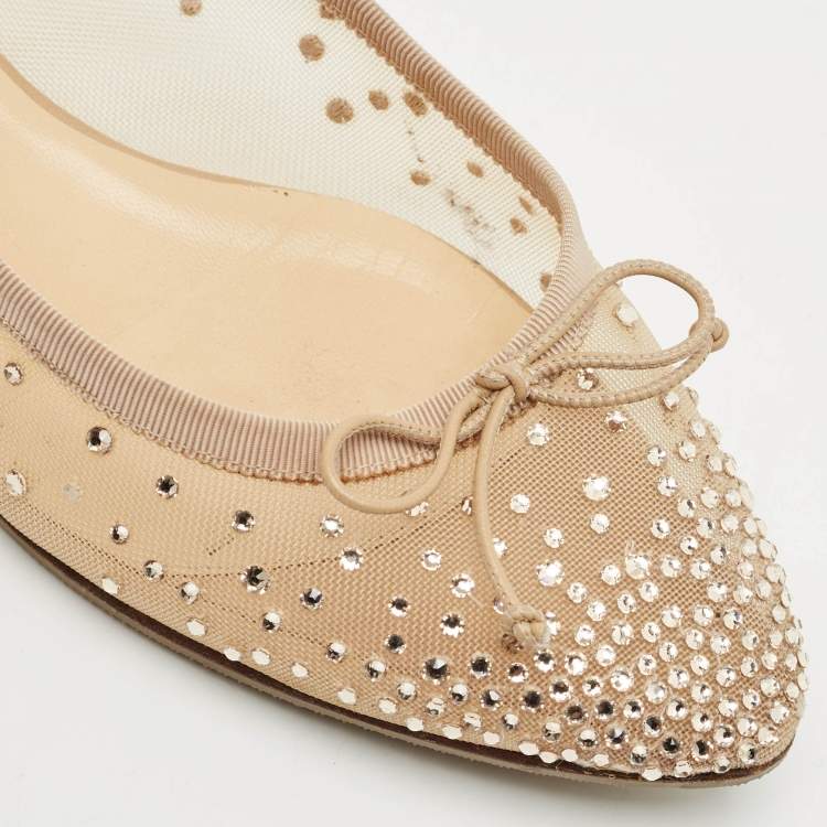 Pre Owned Christian Louboutin Beige Leather and Mesh Ballet Flats Size 38