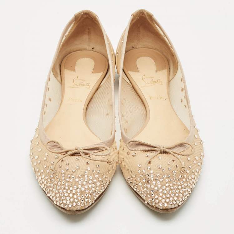 Pre Owned Christian Louboutin Beige Leather and Mesh Ballet Flats Size 38