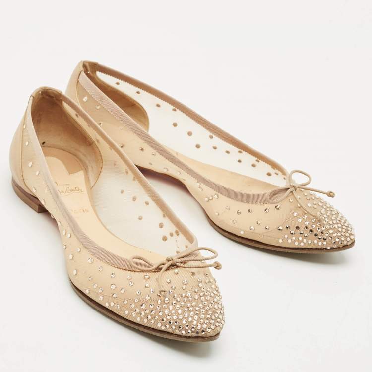 Pre Owned Christian Louboutin Beige Leather and Mesh Ballet Flats Size 38