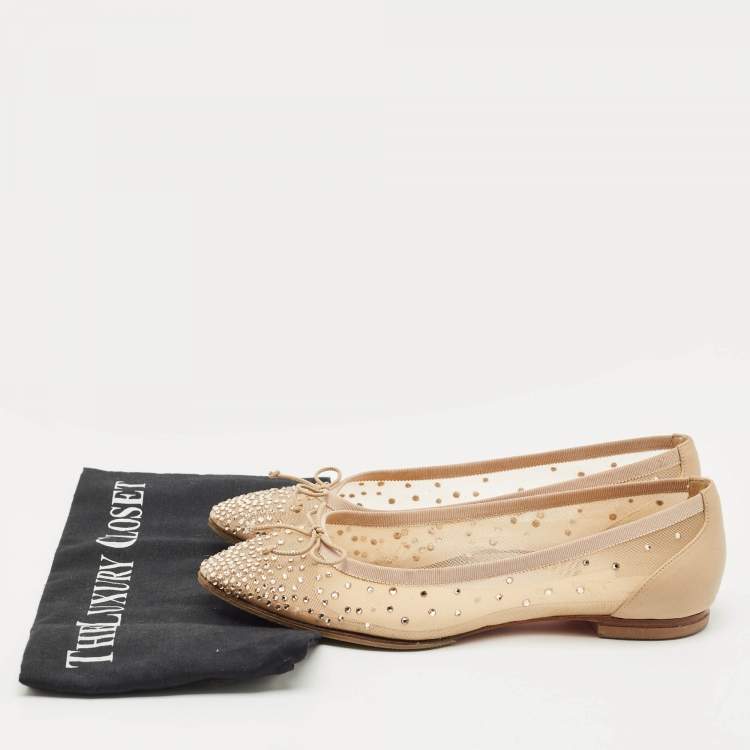 Pre Owned Christian Louboutin Beige Leather and Mesh Ballet Flats Size 38