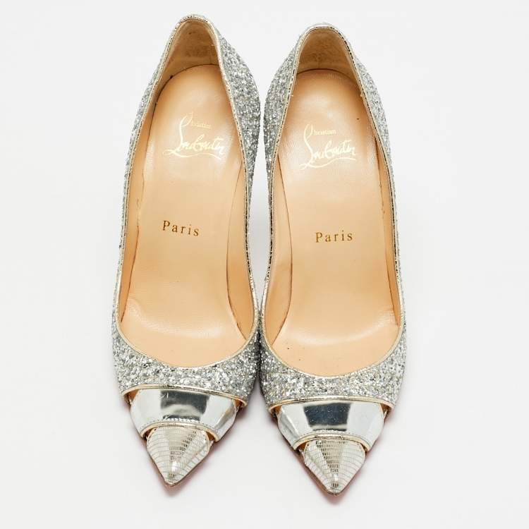 Pre Owned Christian Louboutin Silver Coarse Glitter and Patent Leather Pointed Toe Pumps Size 36.5