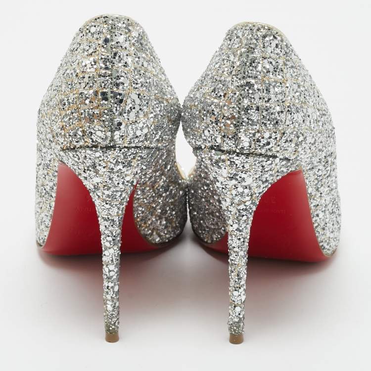 Pre Owned Christian Louboutin Silver Coarse Glitter and Patent Leather Pointed Toe Pumps Size 36.5
