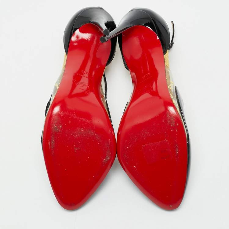 Pre Owned Christian Louboutin Black Patent Leather Crossettinetta Cross Strap Sandals Size 40.5