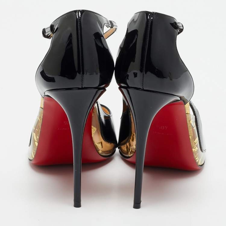 Pre Owned Christian Louboutin Black Patent Leather Crossettinetta Cross Strap Sandals Size 40.5