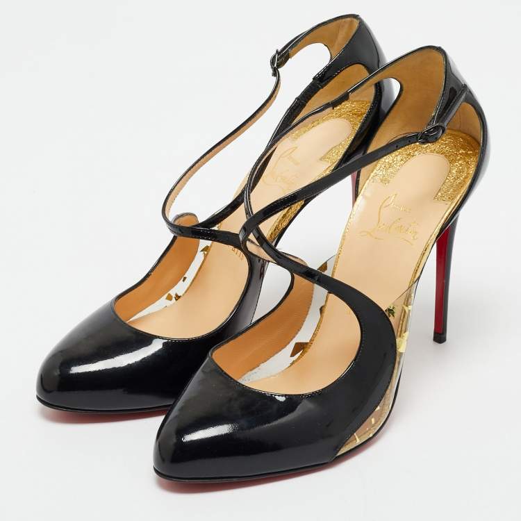 Pre Owned Christian Louboutin Black Patent Leather Crossettinetta Cross Strap Sandals Size 40.5