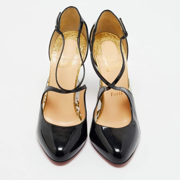 Pre Owned Christian Louboutin Black Patent Leather Crossettinetta Cross Strap Sandals Size 40.5