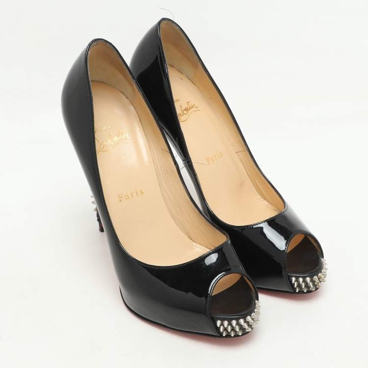 Pre Owned Christian Louboutin Black Patent Leather Very Prive Peep Toe Pumps Size 38