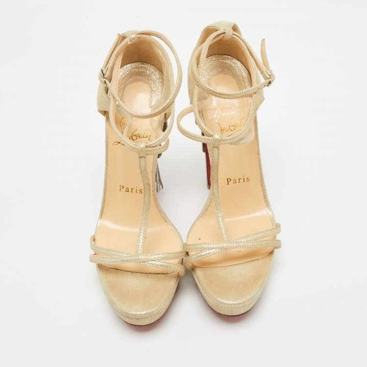 Pre Owned Christian Louboutin Beige Suede Ankle Strap Sandals Size 36.5