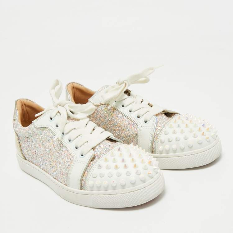 Pre Owned Christian Louboutin Multicolor Glitter and Leather Louis Junior Spikes Low Top Sneakers Size 37.5