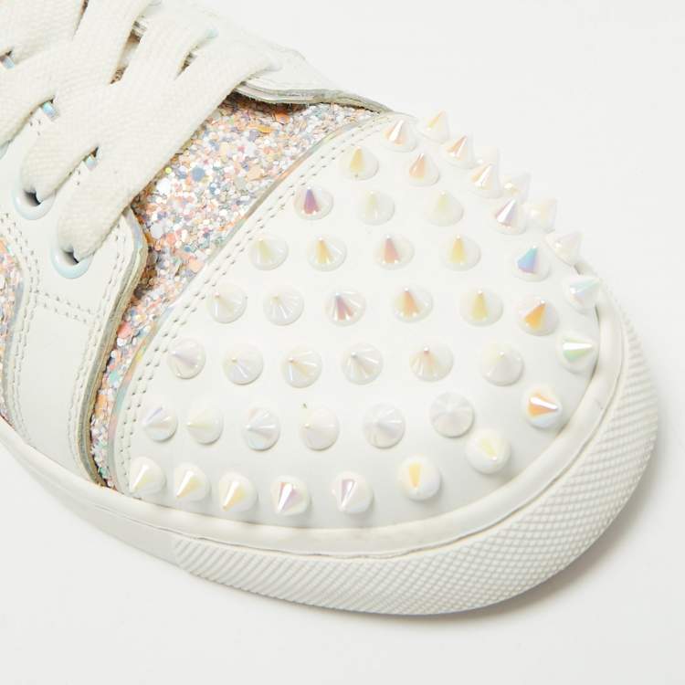 Pre Owned Christian Louboutin Multicolor Glitter and Leather Louis Junior Spikes Low Top Sneakers Size 37.5