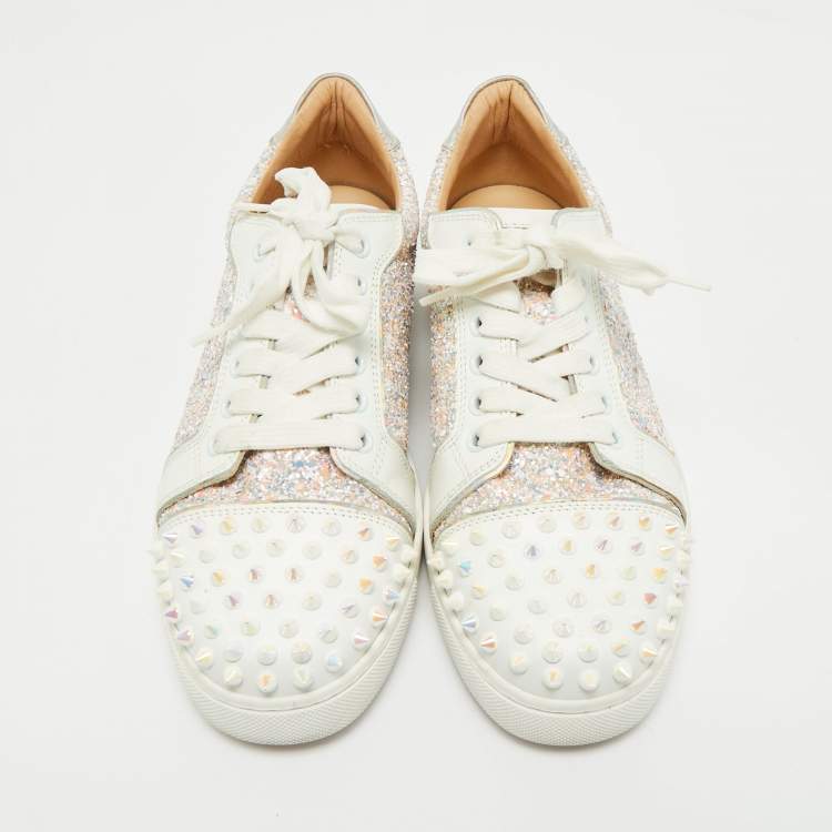 Pre Owned Christian Louboutin Multicolor Glitter and Leather Louis Junior Spikes Low Top Sneakers Size 37.5