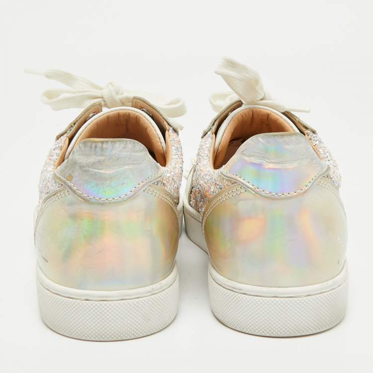 Pre Owned Christian Louboutin Multicolor Glitter and Leather Louis Junior Spikes Low Top Sneakers Size 37.5