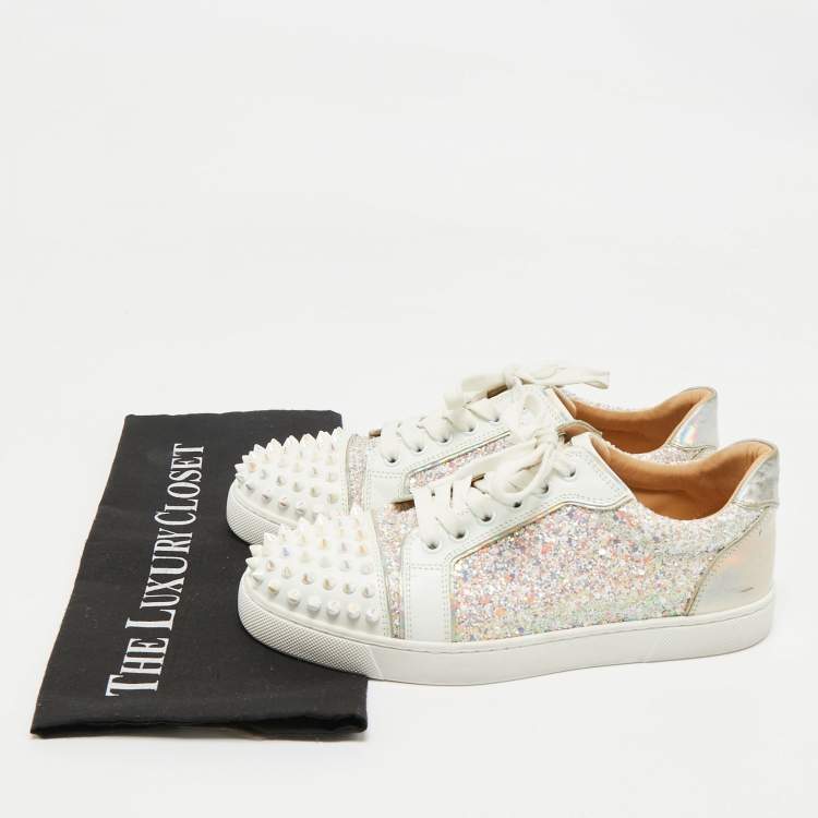 Pre Owned Christian Louboutin Multicolor Glitter and Leather Louis Junior Spikes Low Top Sneakers Size 37.5