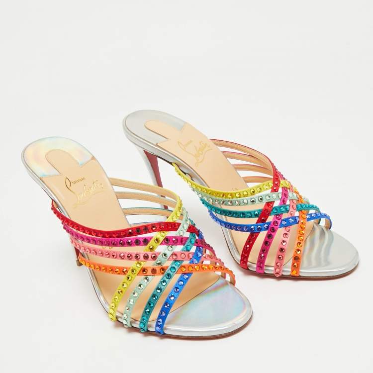 Pre Owned Christian Louboutin Multicolor Satin Marthastrass Slide Sandals Size 38