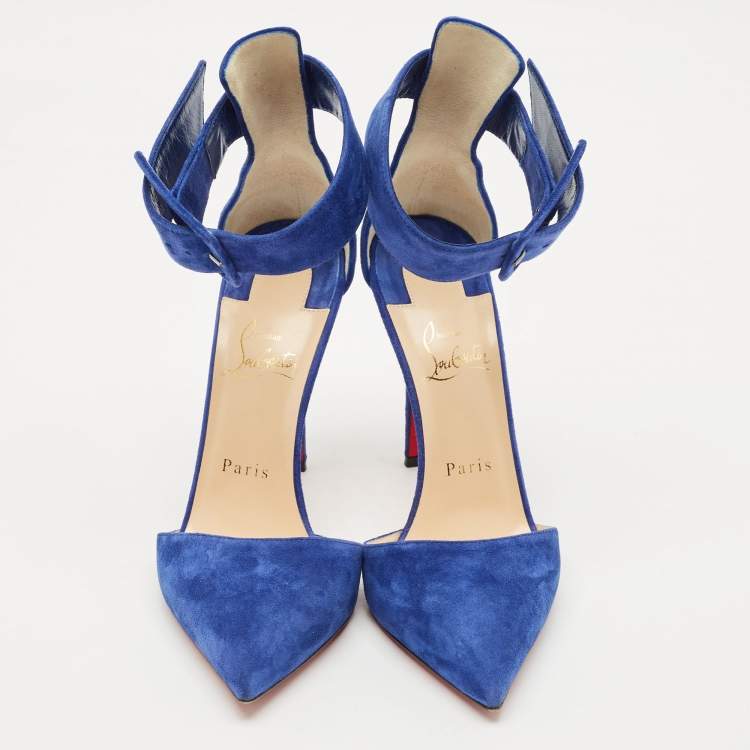 Pre Owned Christian Louboutin Blue Suede Harler Ankle Strap Pumps Size 38