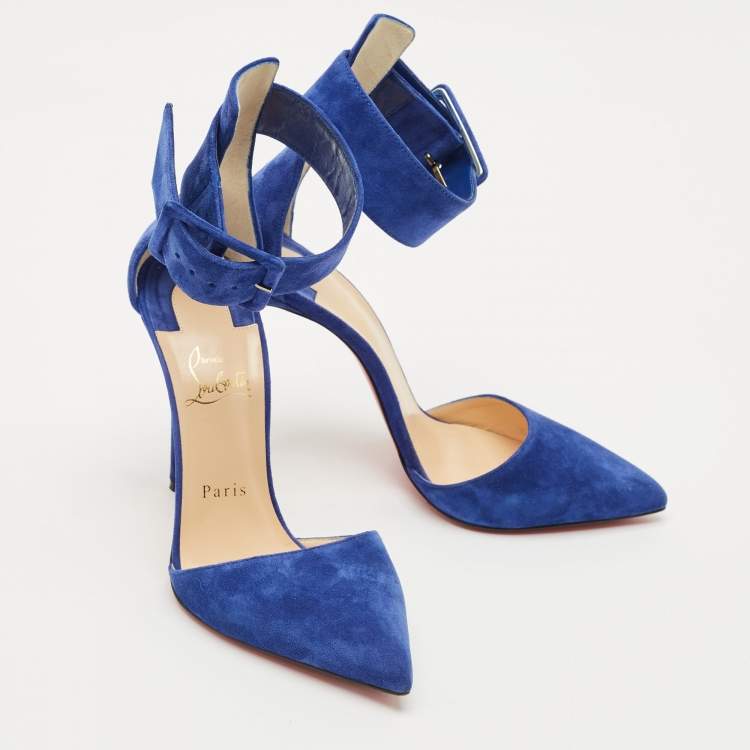 Pre Owned Christian Louboutin Blue Suede Harler Ankle Strap Pumps Size 38