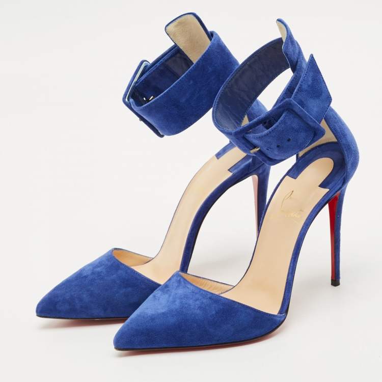 Pre Owned Christian Louboutin Blue Suede Harler Ankle Strap Pumps Size 38