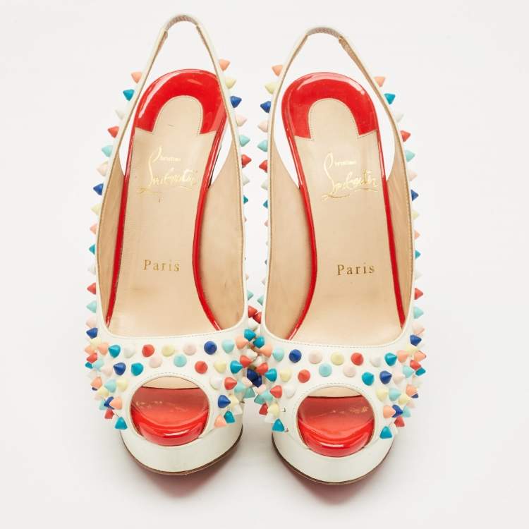 Pre Owned Christian Louboutin White Leather Lady Peep Multicolor Spikes Slingback Sandals Size 38.5