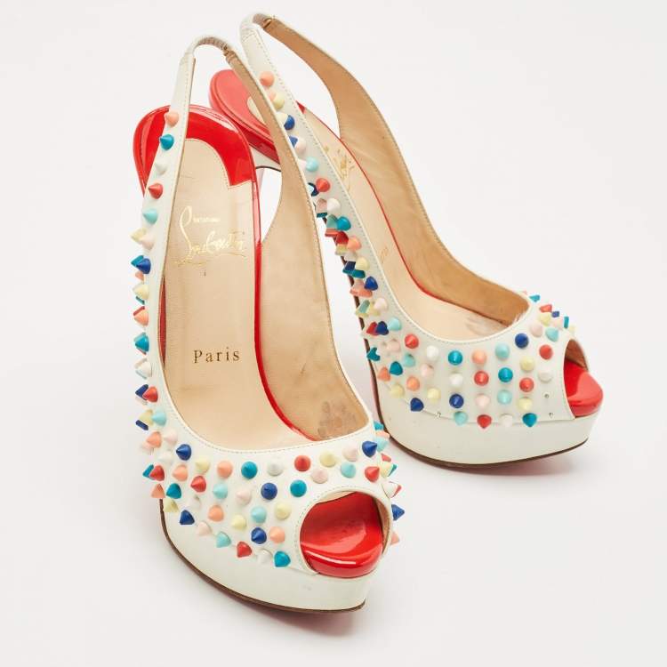 Pre Owned Christian Louboutin White Leather Lady Peep Multicolor Spikes Slingback Sandals Size 38.5
