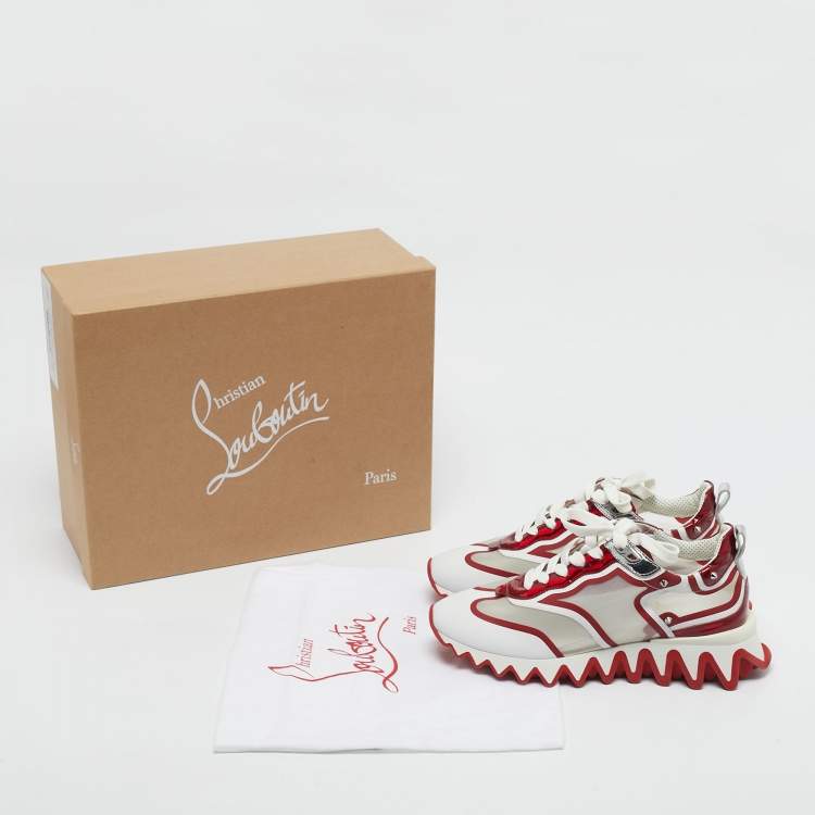 Pre Owned Christian Louboutin White/Red Mesh and Patent Leather Sharkina Sneakers Size 38