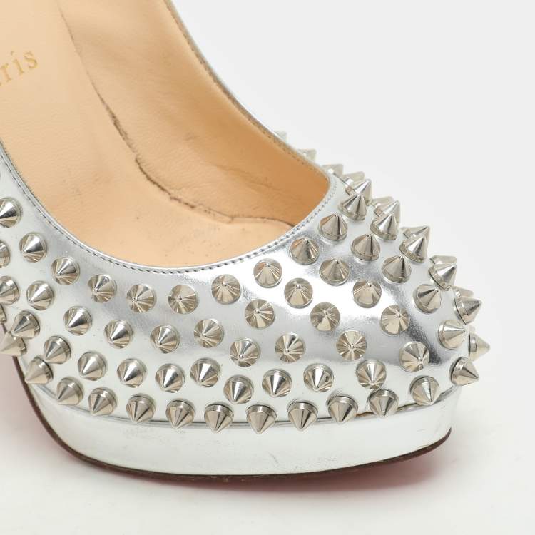 Pre Owned Christian Louboutin Metallic Silver Leather Alti Spike Platform Pumps Size 37