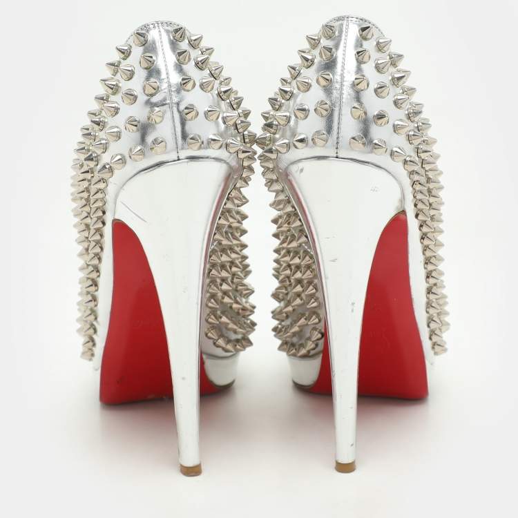 Pre Owned Christian Louboutin Metallic Silver Leather Alti Spike Platform Pumps Size 37