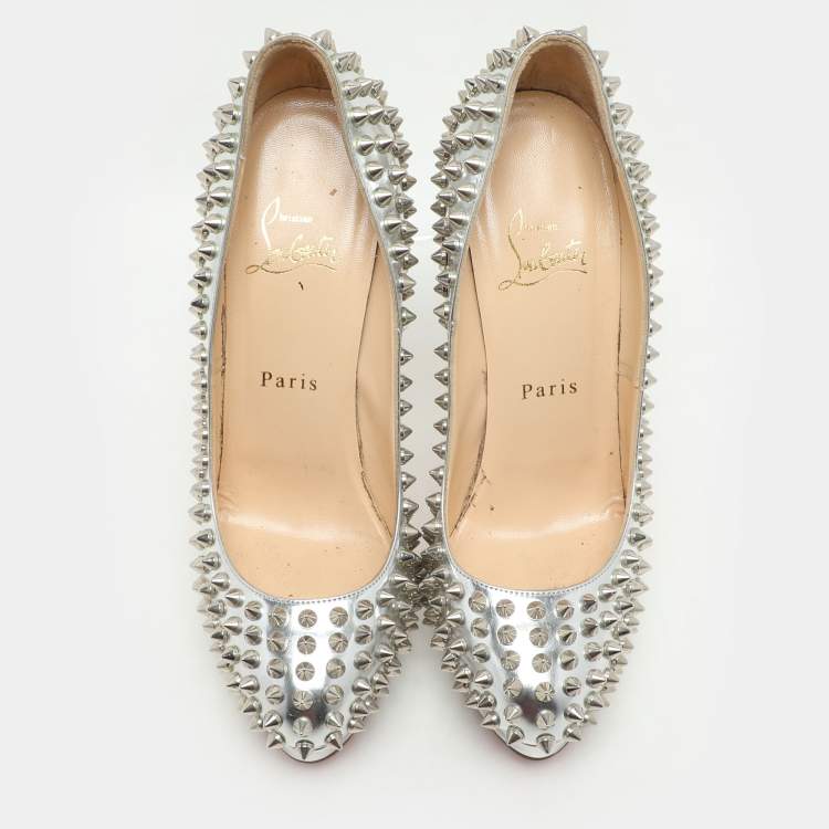 Pre Owned Christian Louboutin Metallic Silver Leather Alti Spike Platform Pumps Size 37