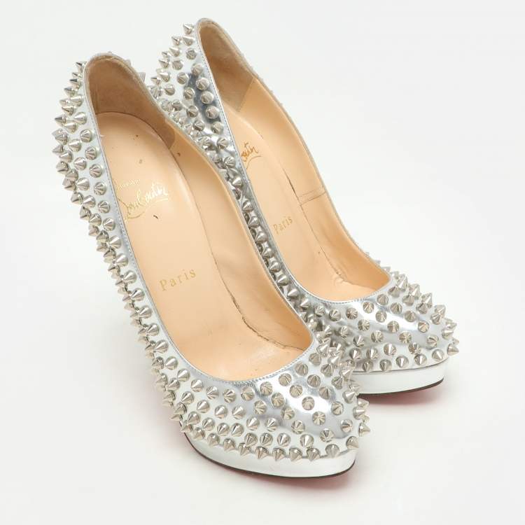 Pre Owned Christian Louboutin Metallic Silver Leather Alti Spike Platform Pumps Size 37