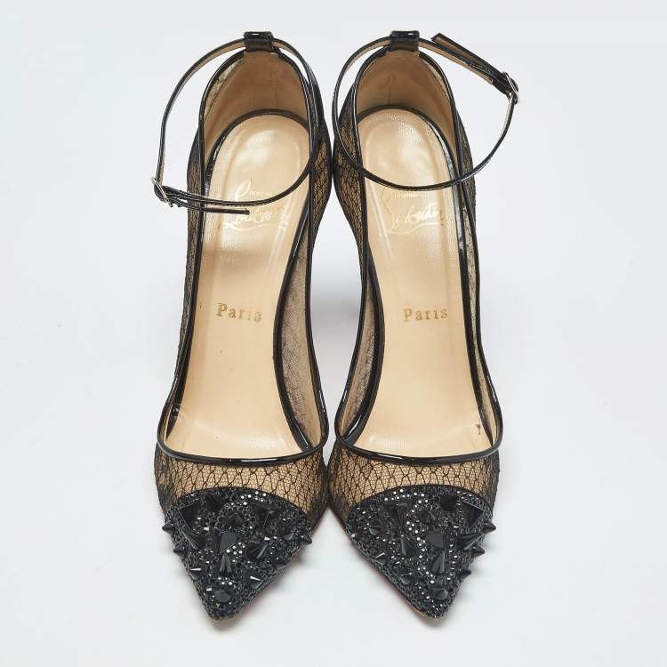 Pre Owned Christian Louboutin Black Lace and Patent Leather Picks and Co Pot Pourri Pumps Size 39