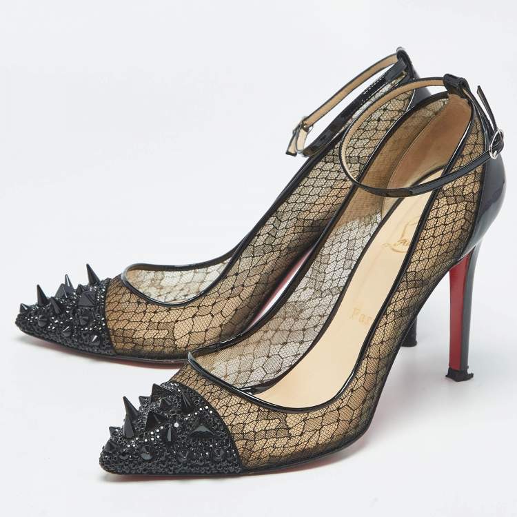 Pre Owned Christian Louboutin Black Lace and Patent Leather Picks and Co Pot Pourri Pumps Size 39
