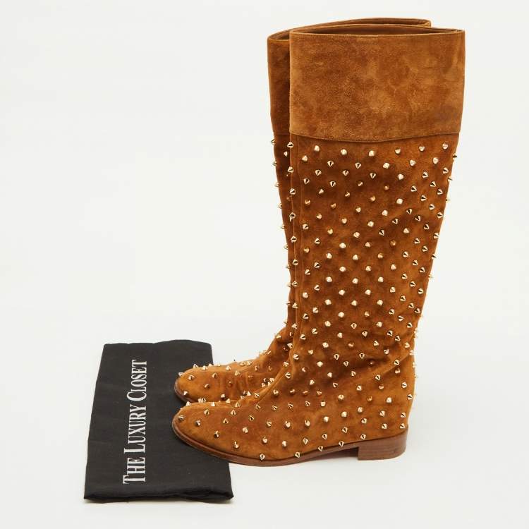 Pre Owned Christian Louboutin Brown Suede Spikes Mid Calf Riding Boots Size 38.5