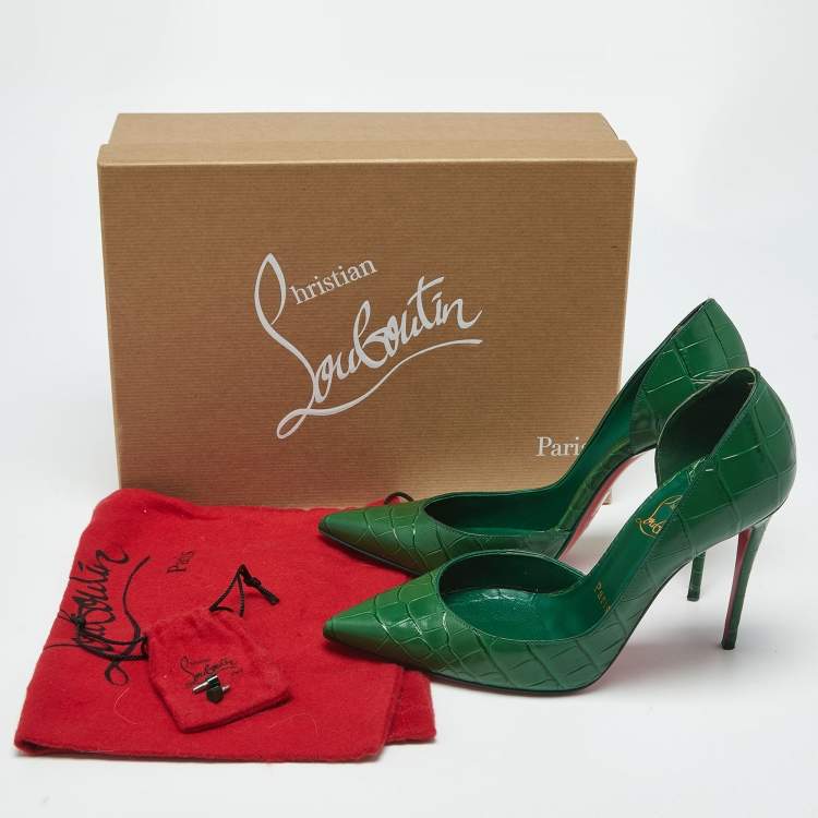 Pre Owned Christian Louboutin Green Croc Embossed Leather Iriza D'orsay Pumps Size 37