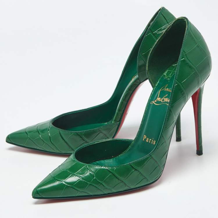 Pre Owned Christian Louboutin Green Croc Embossed Leather Iriza D'orsay Pumps Size 37